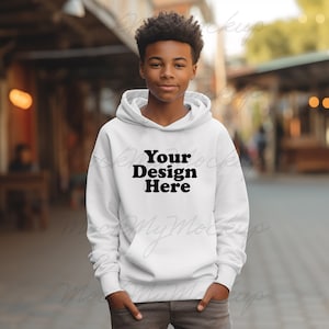 White Gildan 18500B Youth Heavy Blend Hooded Sweatshirt Mockup, Youth Hoodie Mockup, White Hoodie Youth