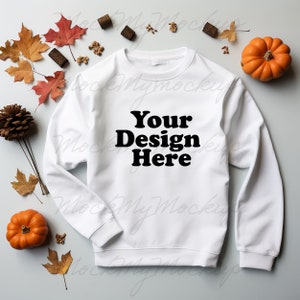 White Gildan 18000 Halloween Flatlay Mockup, Halloween Sweater Mockup, Sweater Flatlay Mockup