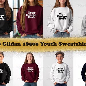 8 jpg Gildan 18000B Jeugd Crewneck Sweatshirt Mockup Bundel, Jeugd Trui Mockup Bundel, Jeugd Mockup, 5 kleuren Trui Mockup