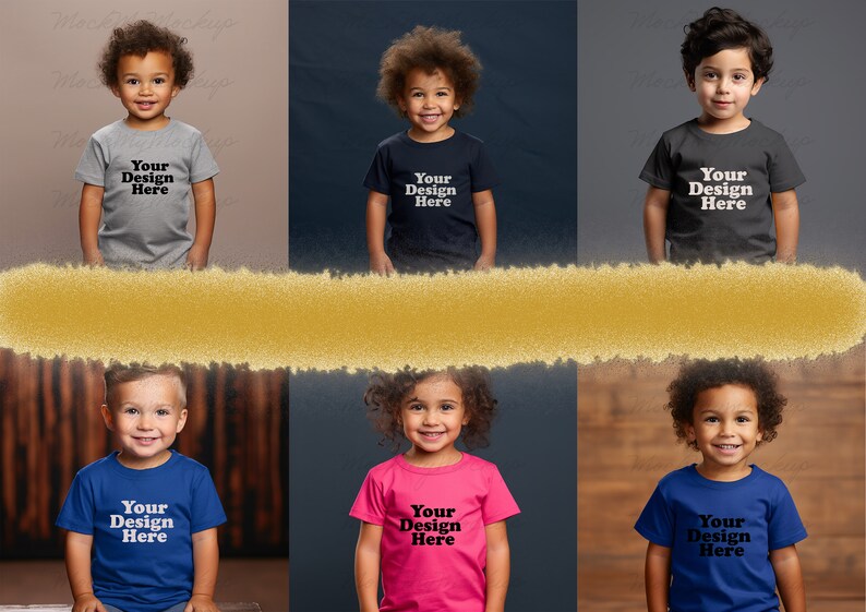 K&ouml;nnte beinhalten: Sechs Kinder tragen T-Shirts in verschiedenen Farben mit dem Aufdruck "Your Design Here" auf der Vorderseite. Die Kinder stehen vor verschiedenen Hintergrundfarben.