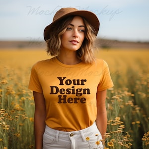Gold Bella Canvas 3001 TShirt Mockup - Bella Canvas 3001 Shirt - Gold Shirt Mockup, Female Model T-shirt Mockup