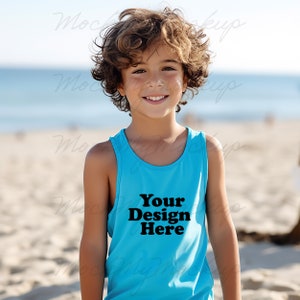 Neon Blue Bella Canvas 3480Y Kid&#39;s Jersey Tank Top Mockup, Kids Tank Top Mockup, Neon Blue Kids Tee