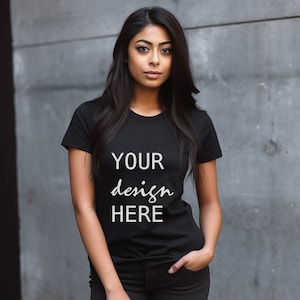 Zwart T-shirt vrouwelijk model mockup foto mockup sublimatie mockup PNG mockup JPG digitale download 300 dpi
