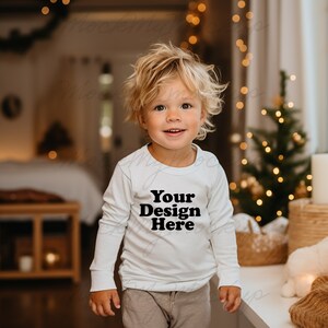 White Rabbit Skins 3302 Toddler Long Sleeve Tee Mockup, Christmas Toddler Mockup, White Sweater Toddler Mockup, Christmas Toddler Mockup