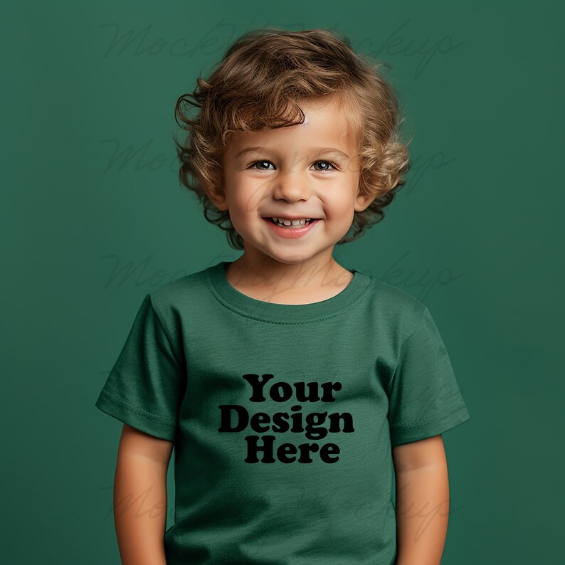 K&ouml;nnte beinhalten: Ein kleines Kind tr&auml;gt ein gr&uuml;nes T-Shirt mit dem Aufdruck "Your Design Here" auf der Vorderseite. Das Kind l&auml;chelt und schaut in die Kamera.