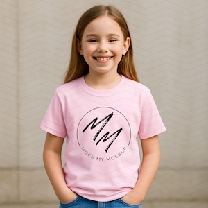 Op de afbeelding: Een roze t-shirt met korte mouwen met een zwarte cirkelvormige afbeelding waarop "Mock My Mockup" staat en de letters "MM" in de cirkel.