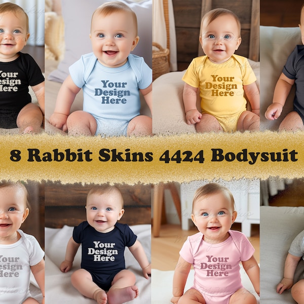 8 jpg Rabbit Skins 4424 Baby Fine Jersey Bodysuit Mockup Bundel, Baby Bodysuit Mockup Bundel, Baby Mockup, 8 kleuren Baby Mockup