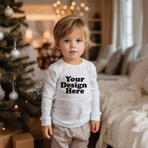 White Rabbit Skins 3302 Toddler Long Sleeve Tee Mockup, Christmas Toddler Mockup, White Sweater Toddler Mockup, Christmas Toddler Mockup