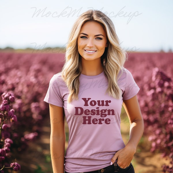 Heather Prism Lilac Bella Canvas 3001 TShirt Mockup - Bella Canvas 3001 Shirt - Lilac Shirt Mockup, Female Model T-shirt Mockup