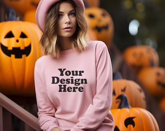 Halloween Light Pink Sweater Mockup Light Pink Gildan 18000 Mockup Model Sweatshirt Mockup Crewneck Fall Sweater Mockup JPG Digital Download