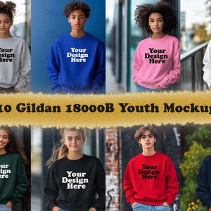 10 jpg Gildan 18000B-mockupbundel jeugdsweater met ronde hals, jeugdsweater-mockupbundel, jeugdmockup, 10 kleuren sweater-mockup