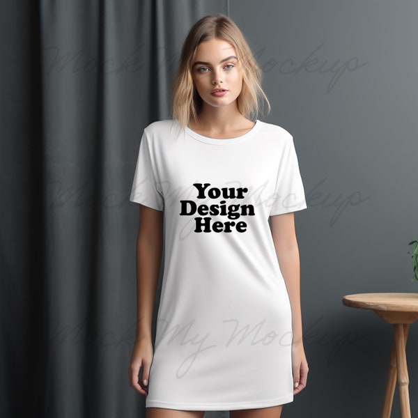 White Stanley Stella STDW144 Spinner T-Shirt Dress Mockup - T-shirt dress mockup - Dress mockup, Female model mockup