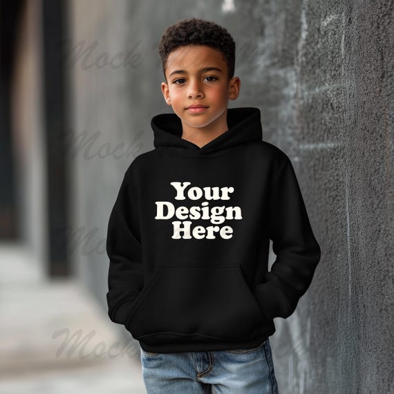 Black Gildan 18500B Youth Heavy Blend Hooded Sweatshirt Mockup