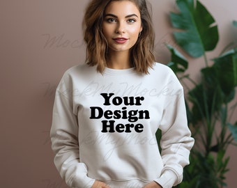 White Gildan 18000 Crewneck Sweatshirt Mockup, Female Model Sweater Mockup, White Sweater Woman