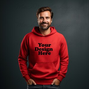 Rode Gildan 18500 Unisex zware mix hooded sweatshirt mockup, heren hoodie mockup, rode hoodie mockup, mannelijk model mockup