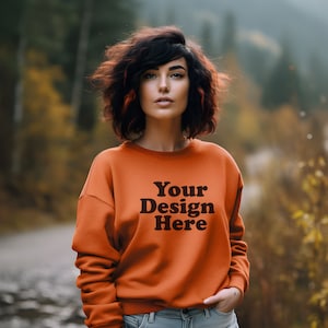 Orange Pullover Mockup Orange Gildan 18000 Mockups Modell Sweatshirt Mockup Crewneck Herbst Pullover Mockup JPG Digital Download