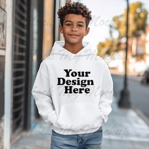 White Gildan 18500B Youth Heavy Blend Hooded Sweatshirt Mockup, Youth Hoodie Mockup, White Hoodie Youth