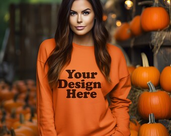 Halloween Orange Sweater Mockup Orange Gildan 18000 Mockups Model Sweatshirt Mockup Crewneck Fall Sweater Mockup JPG Digitale Download