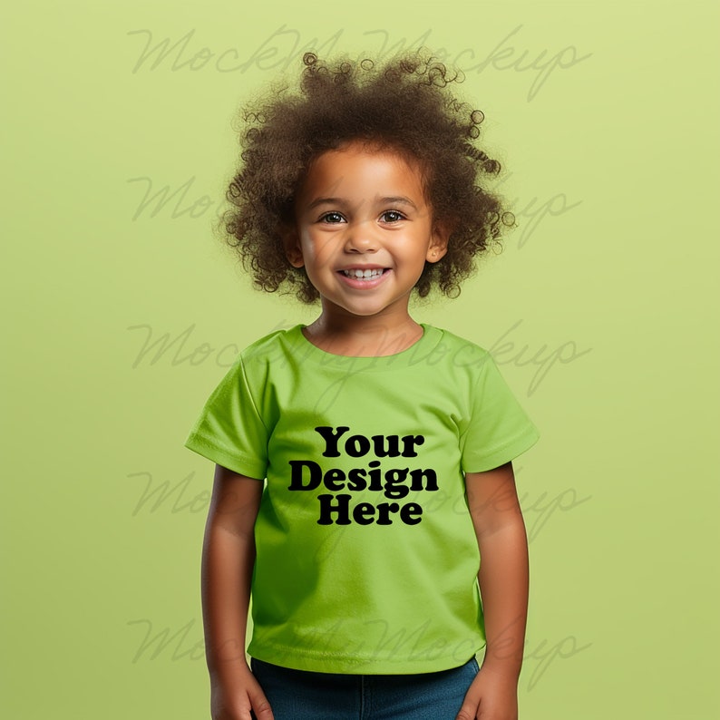 K&ouml;nnte beinhalten: Ein kleines Kind tr&auml;gt ein hellgr&uuml;nes T-Shirt mit dem Text "Your Design Here" in Schwarz. Das Kind l&auml;chelt und schaut in die Kamera.