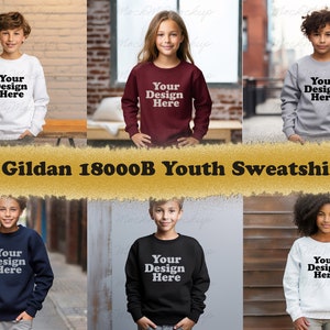 6 jpg Gildan 18000B Jeugd Crewneck Sweatshirt Mockup Bundel, Jeugd Trui Mockup Bundel, Jeugd Mockup, 5 kleuren Trui Mockup