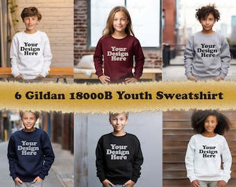6 jpg Gildan 18000B Youth Crewneck Sweatshirt Mockup Bundle, Youth Sweater Mockup Bundle, Youth Mockup, 5 colors Sweater Mockup