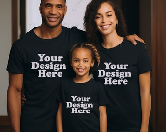 Family Black T-shirt Bella Canvas 3001 camisetas de maqueta negras, maqueta de modelo familiar, maqueta familiar, maqueta de familia de 3