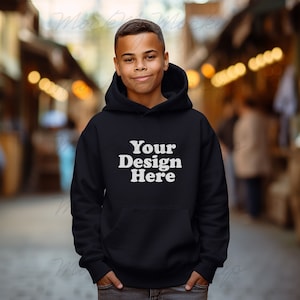 Black Gildan 18500B Youth Heavy Blend Hooded Sweatshirt Mockup, Youth Hoodie Mockup, Black Hoodie Youth