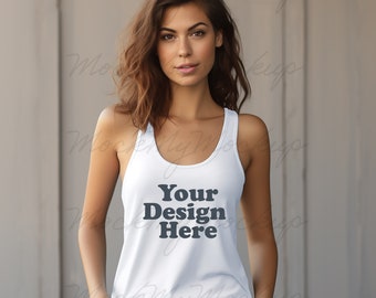White Bella+Canvas 3480 Jersey Tank Mockup - White Tank Top Mockup, Female Model Tank Top Mockup