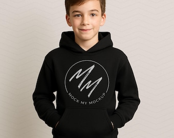 Może przedstawiać: Czarna bluza z kapturem z białym okrągłym logo, na którym widnieje napis "Mock My Mockup" i "MM" w środku.
