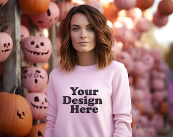 Halloween Light Pink Sweater Mockup Light Pink Gildan 18000 Mockup Model Sweatshirt Mockup Crewneck Fall Sweater Mockup JPG Digital Download