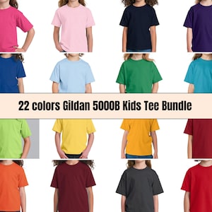 Gildan 5000B Kinder-T-Shirt-Mockup-Bundle mit 22 Farben – Mockups für Jungen und Mädchen
