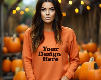 Halloween Orange Sweater Mockup Orange Gildan 18000 Mockups Model Sweatshirt Mockup Crewneck Fall Sweater Mockup JPG Digitale Download