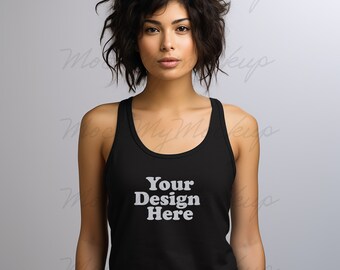 Black Bella+Canvas 3480 Jersey Tank Mockup - Black Tank Top Mockup, Female Model Tank Top Mockup