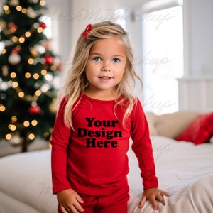 Red Rabbit Skins 3302 Toddler Long Sleeve Tee Mockup, Christmas Toddler Mockup, Red Sweater Toddler Mockup, Christmas Toddler Mockup