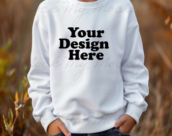 White Gildan 18000B Youth Crewneck Sweatshirt Mockup, Youth Sweater Mockup, White Sweater Youth