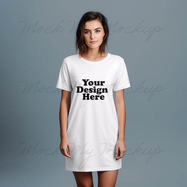 White Stanley Stella STDW144 Spinner T-Shirt Dress Mockup - T-shirt dress mockup - Dress mockup, Female model mockup