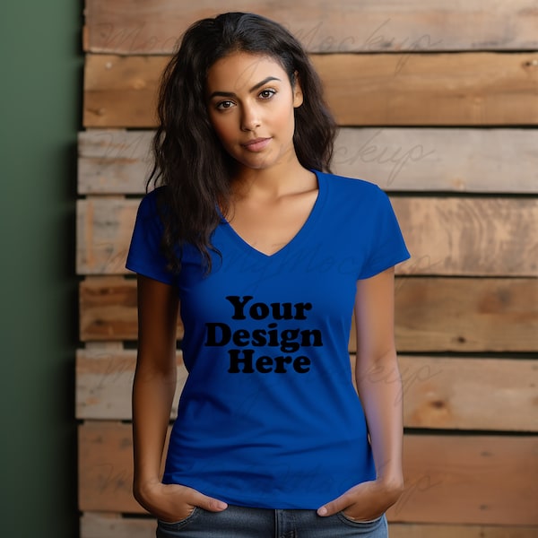 True Royal Bella Canvas 6035 Deep V-Neck TShirt Mockup - Bella Canvas 6035 V-neck - True Royal T-shirt Mockup, Female Model T-shirt Mockup