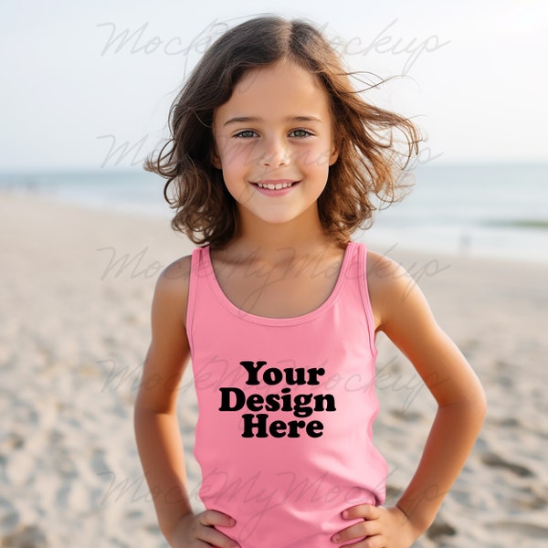 Neon Pink Bella Canvas 3480Y Kid's Jersey Tank Top Mockup, Kids Tank Top Mockup, Neon Pink Kids Tee