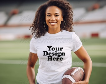 White Bella Canvas 3001 TShirt Football Mockup - Bella Canvas 3001 Shirt - White Shirt Mockup, Female Model T-shirt Mockup, fooball mockup