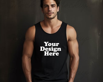 Black Gildan 5200 Heavy Cotton Tank Top Mockup - Black Tank Top Mockup, Male Model Tank Top Mockup