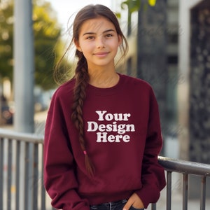 Maroon Gildan 18000B Youth Crewneck Sweatshirt Mockup, Youth Sweater Mockup, Maroon Sweater Youth