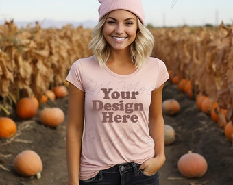 Pink Bella Canvas 3001 TShirt Mockup - Bella Canvas 3001 Shirt - Pink Shirt Mockup, Female Model T-shirt Mockup, Halloween tshirt mockup