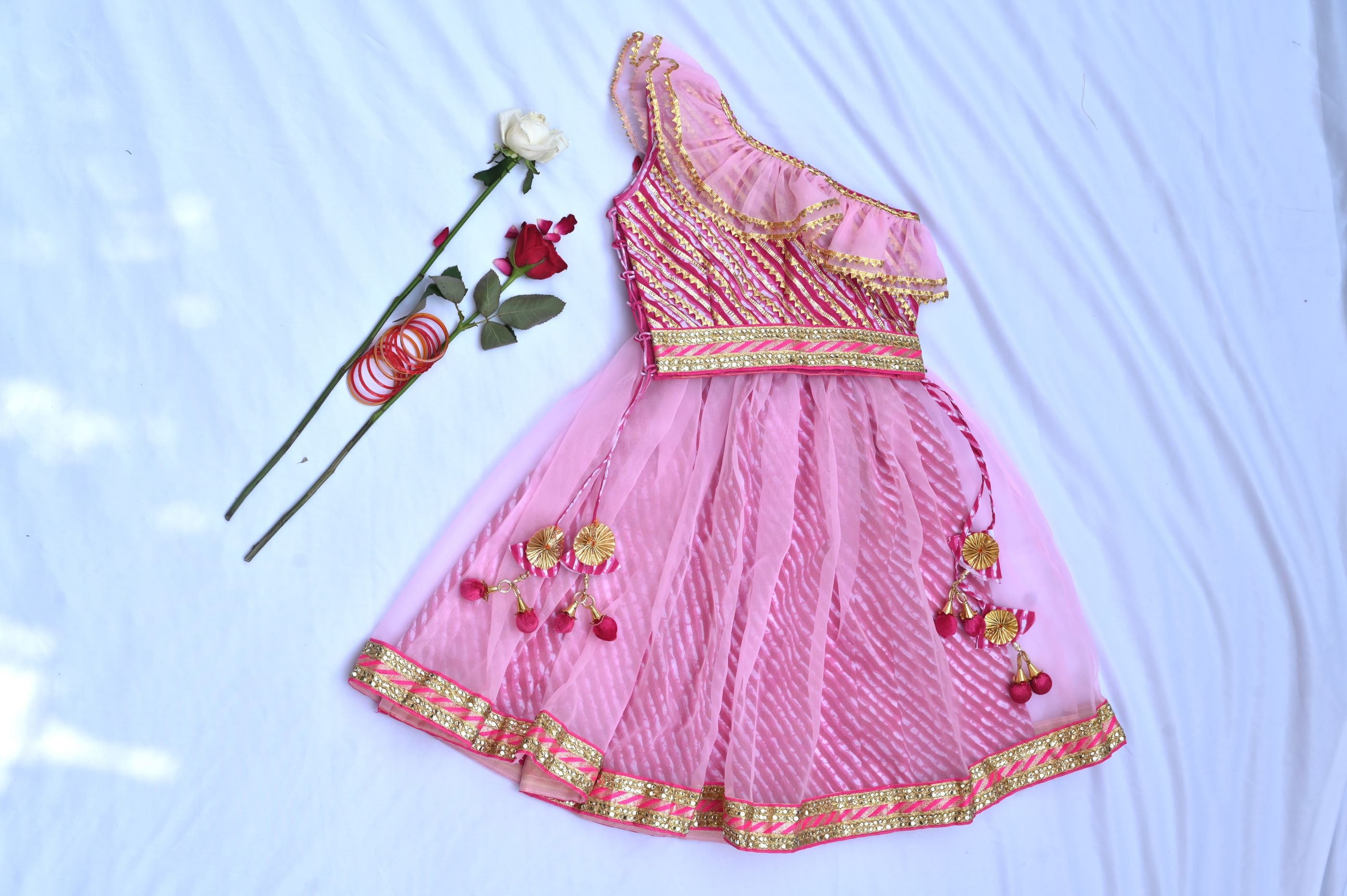 Girls Pink & Off White Printed Cotton Ready to Wear Lehenga