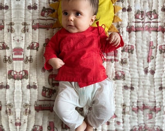 Red Angrakha & White Pants: Unisex Baby Cotton Clothing Set