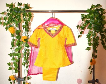 Yellow - girls velvet coord set with pink net dupatta