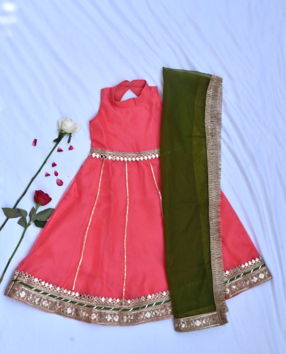 Coral Long Dress for Girls With Green Dupatta - Etsy