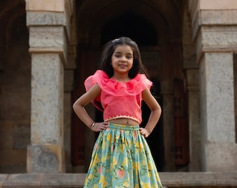 Pink top with english  blue floral lehenga
