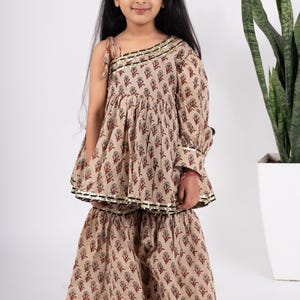 Girls beige kurta co-ord sharara set