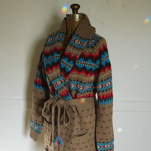 Vintage Ralph Lauren Hand knit Sweater Coat Cardigan Shawl Wool Prairie Fair Isle Rancher Southwest Indian Blanket NO BELT