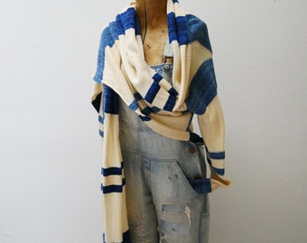 Vintage Ralph Lauren Indigo Serape Cotton Silk Sweater Shawl Poncho Wrap Cardigan Southwestern, Beachwear